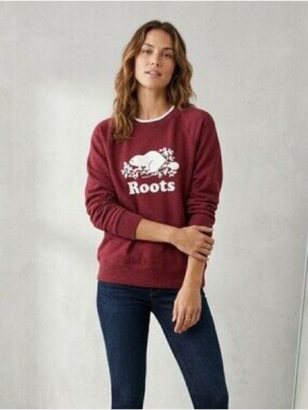 Roots Burgundy Crewneck Sweatshirt with Cream Beaver Logo
